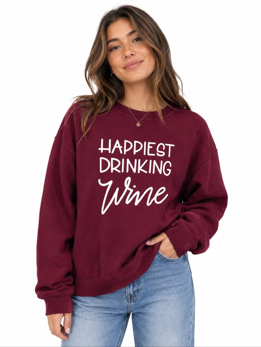 Happiest Drinking Wine Burgundy Graphic Sweatshirt | Size Medium | Cozy Crewneck